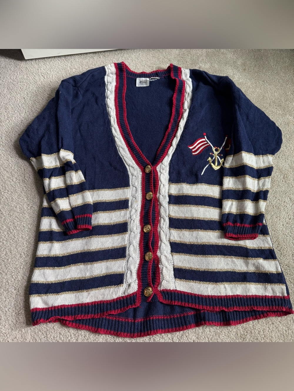 80s Coastal Grandma Nautical Striped Cardigan Sweater - Jason Maxwell Anchor